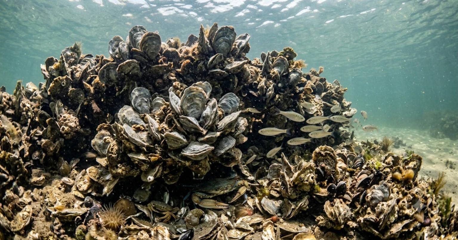 Oyster shells being placed into the Gulf of Mexico to create new reef habitat