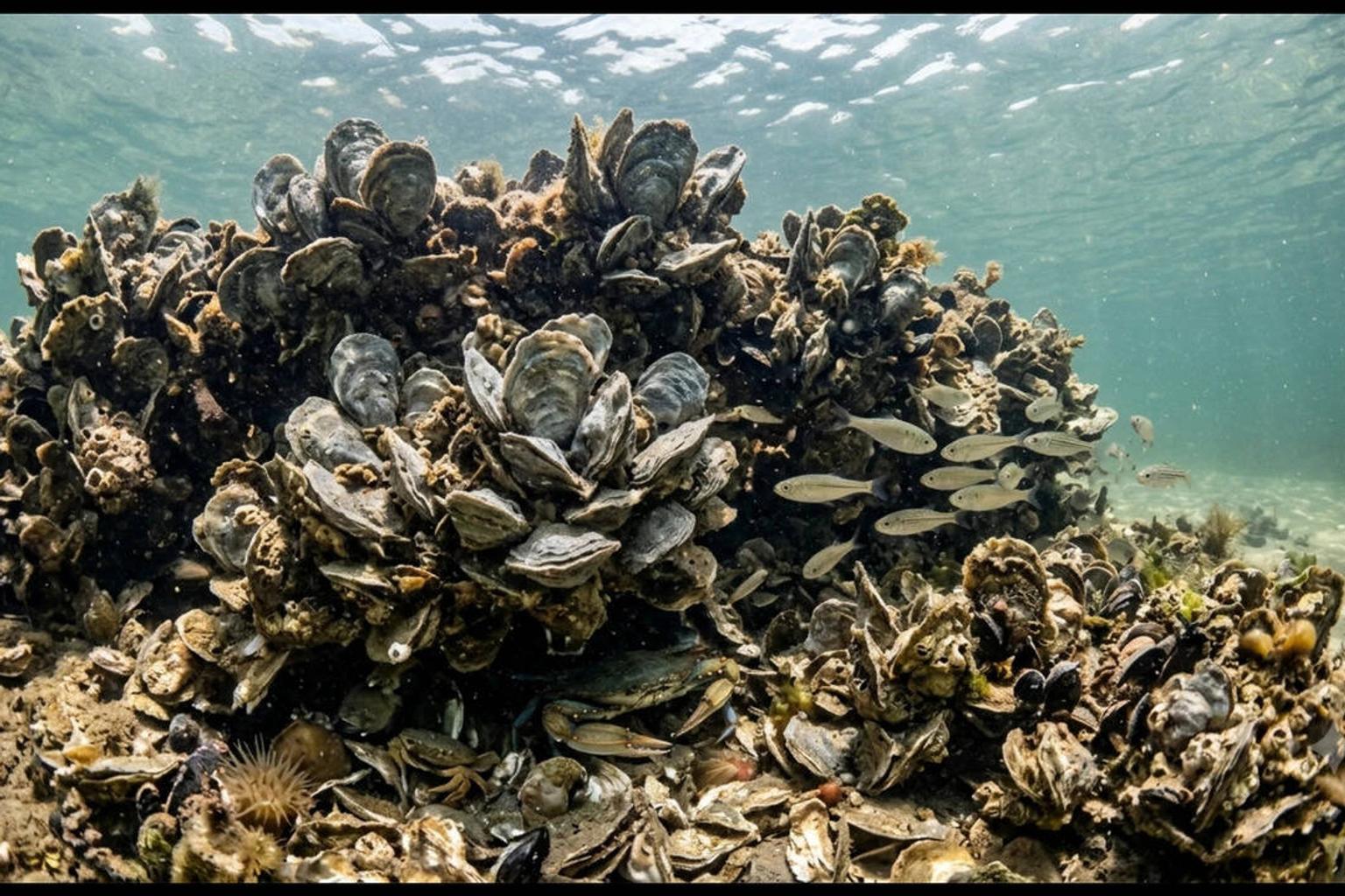 Oyster shells being placed into the Gulf of Mexico to create new reef habitat
