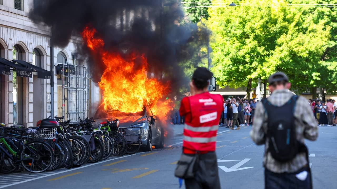 Anti-G7 protest turns violent in Geneva; Tesla burned, UN office targeted