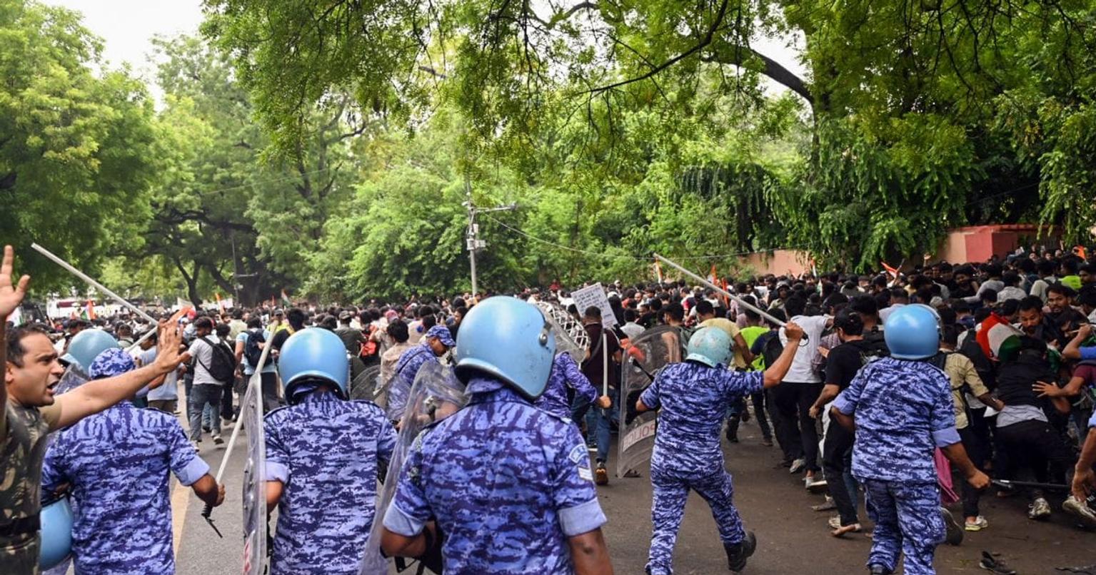 RAF personnel in riot gear at Jantar Mantar in New Delhi