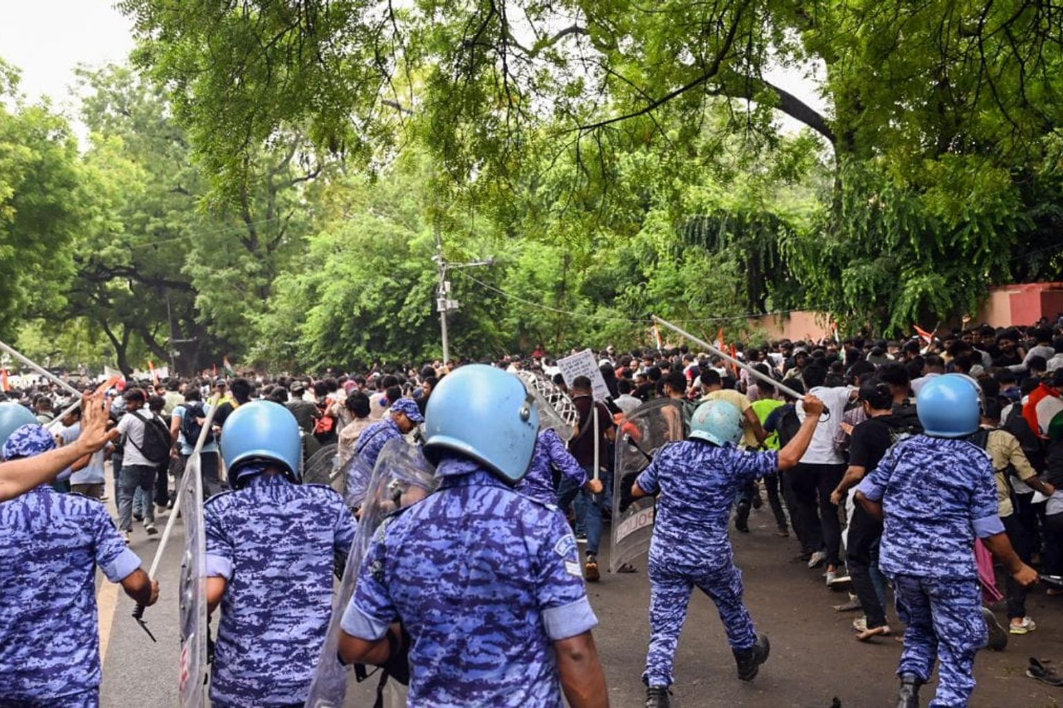 RAF personnel in riot gear at Jantar Mantar in New Delhi