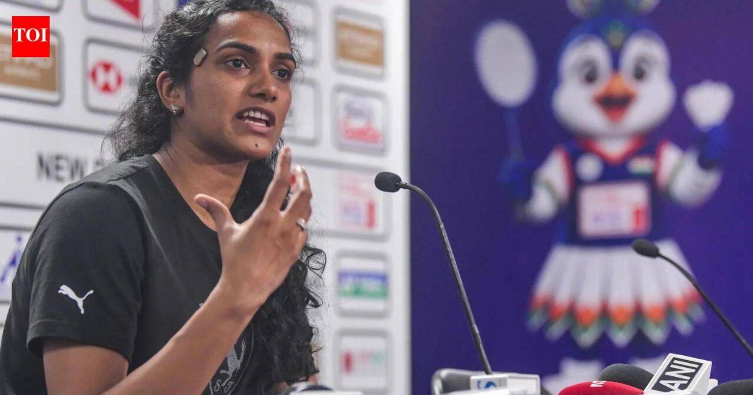 PV Sindhu in action during a training session at the Indira Gandhi Indoor Stadium