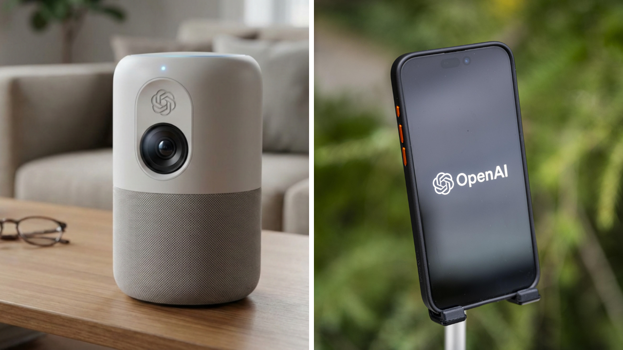 Person interacting with a smart speaker and AI assistant device