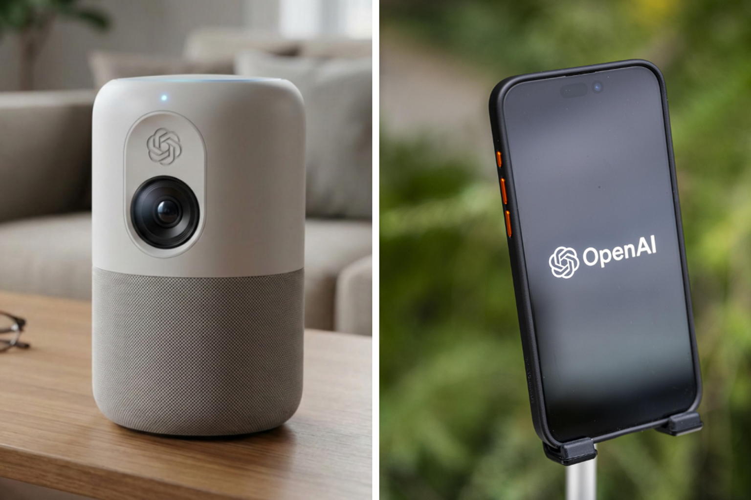 Person interacting with a smart speaker and AI assistant device