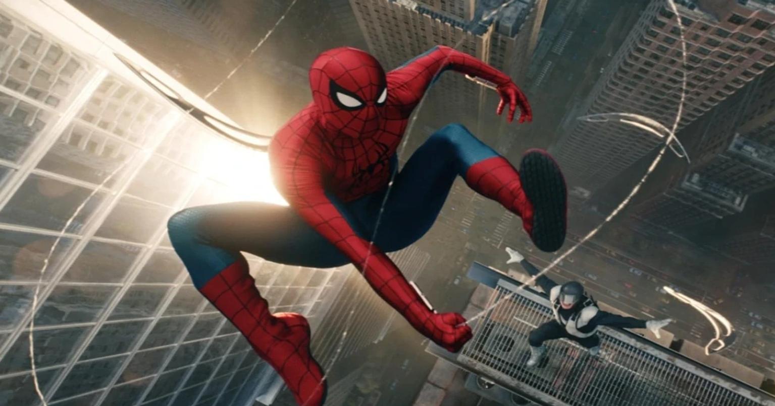 Tom Holland as Spider-Man in a action packed scene
