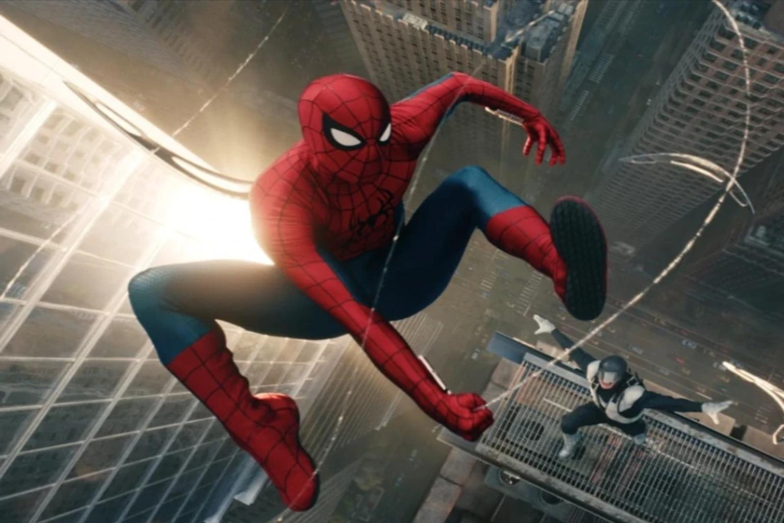 Tom Holland as Spider-Man in a action packed scene