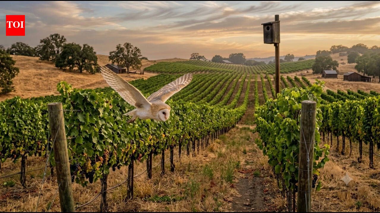 Barn owls perched on owl boxes in a vineyard