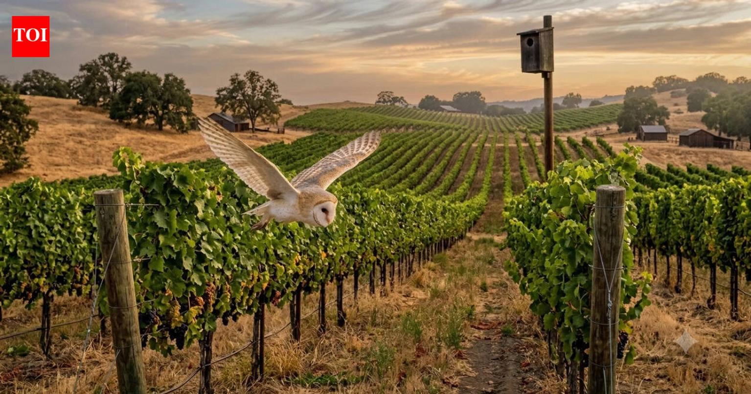 Barn owls perched on owl boxes in a vineyard