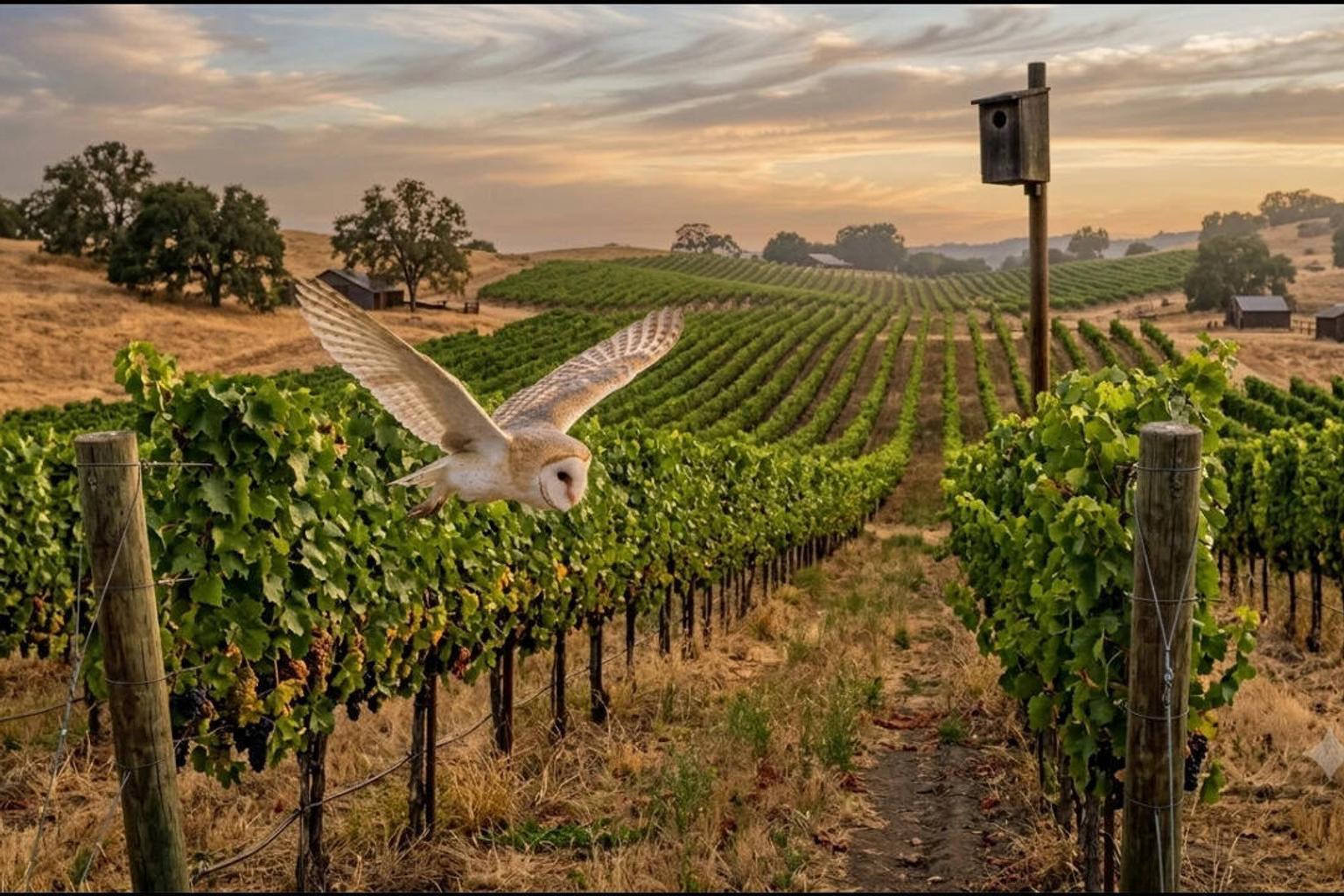 Barn owls perched on owl boxes in a vineyard