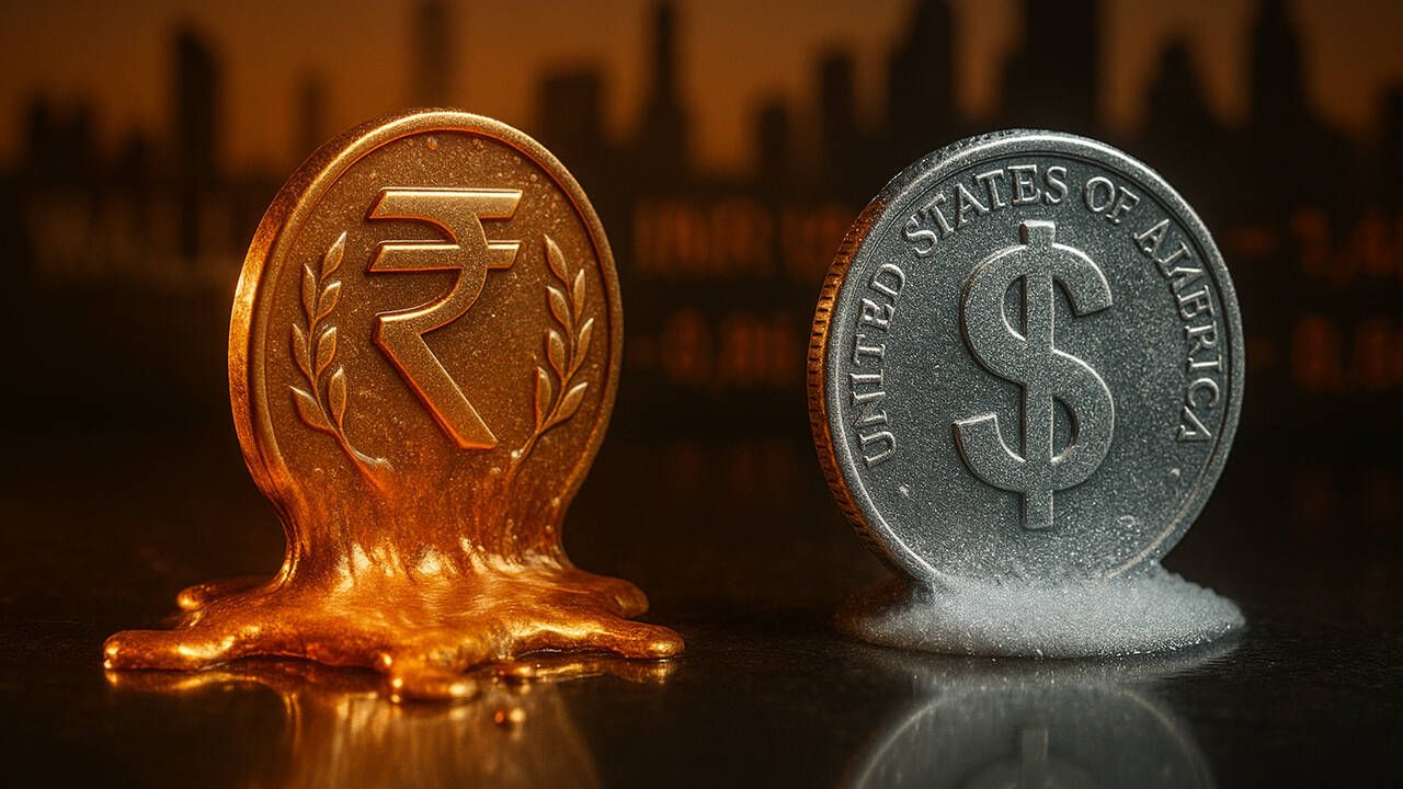 Indian rupee notes and crude oil prices on screen