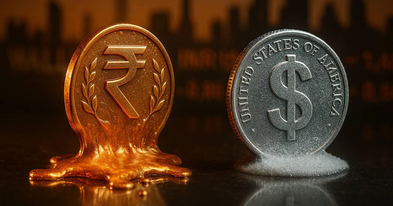 Indian rupee notes and crude oil prices on screen