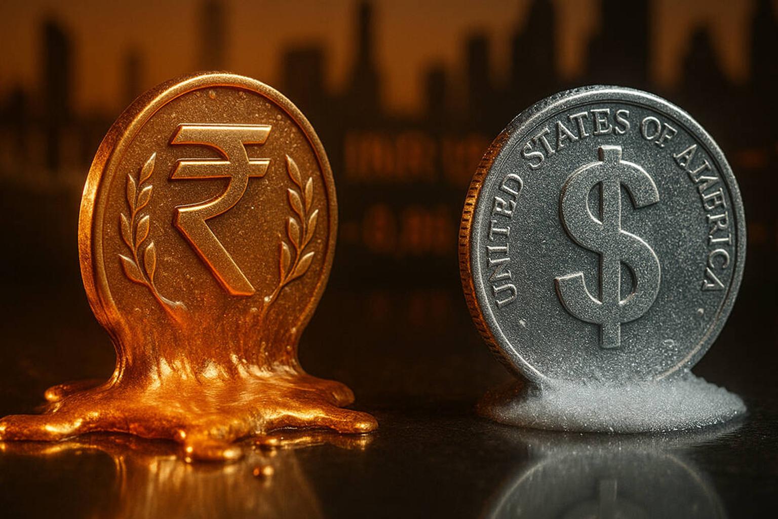 Indian rupee notes and crude oil prices on screen