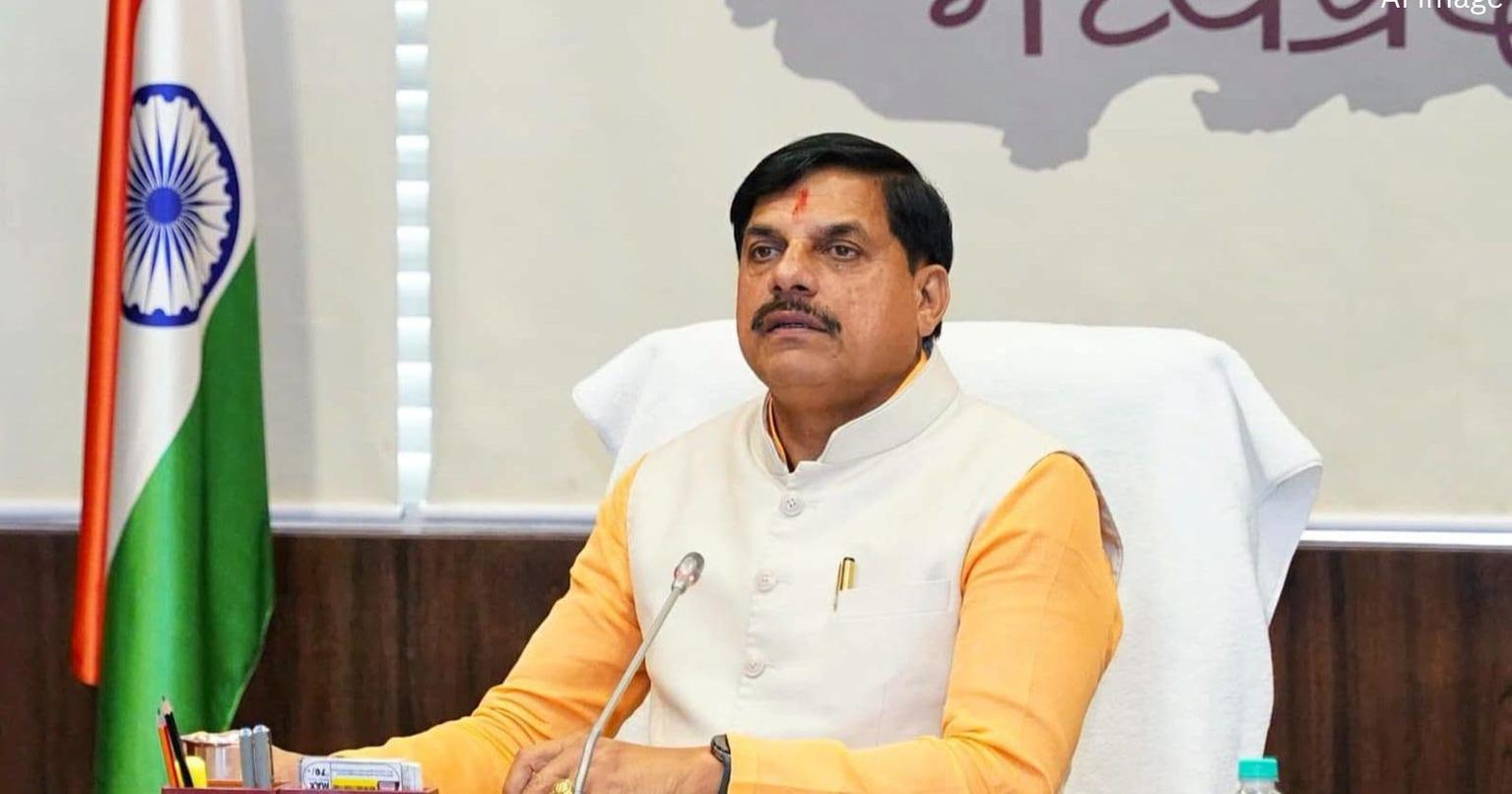 Mohan Yadav speaking at a public event in Madhya Pradesh