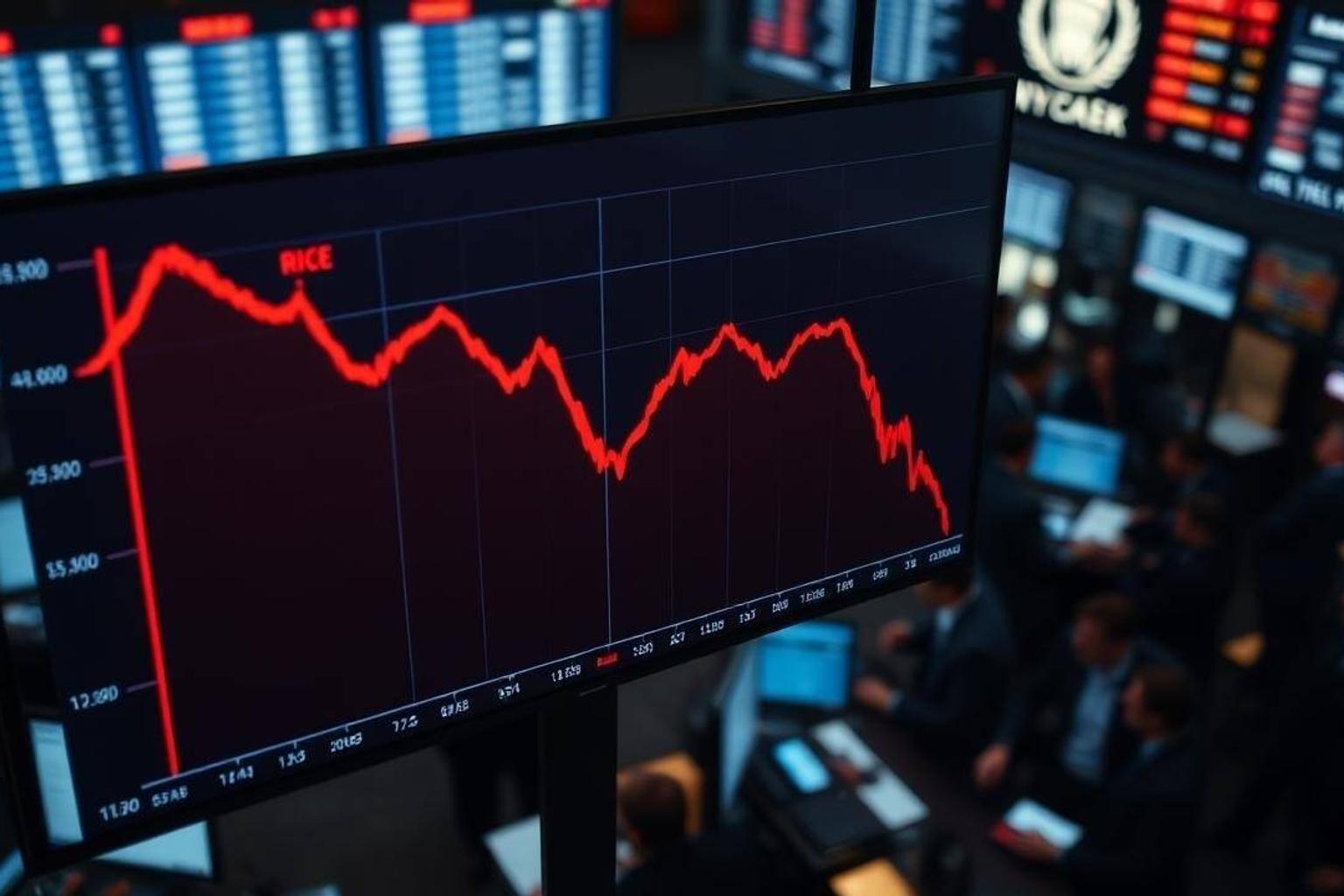 Indian stock market traders watching screens with declining stock prices