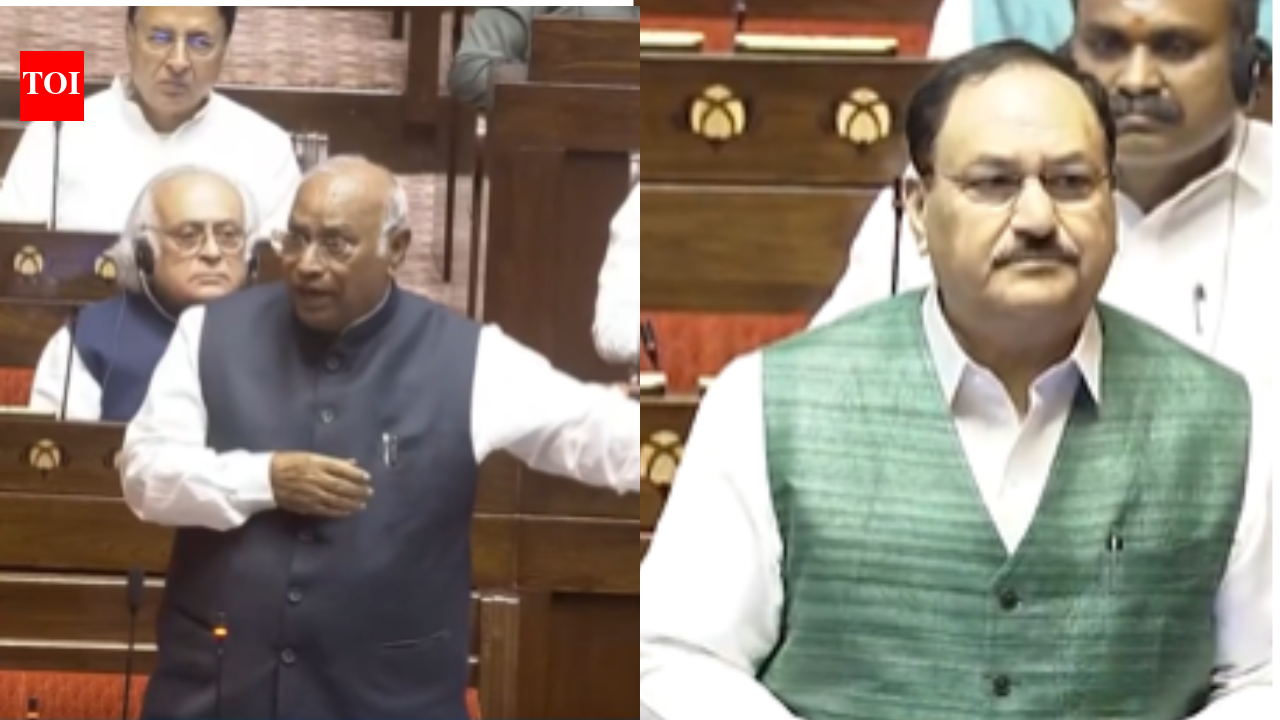 Mallikarjun Kharge and J.P. Nadda in the Rajya Sabha