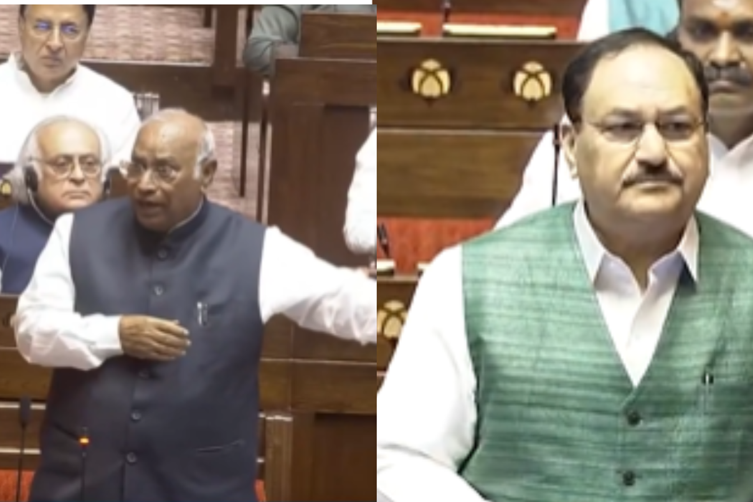 Mallikarjun Kharge and J.P. Nadda in the Rajya Sabha