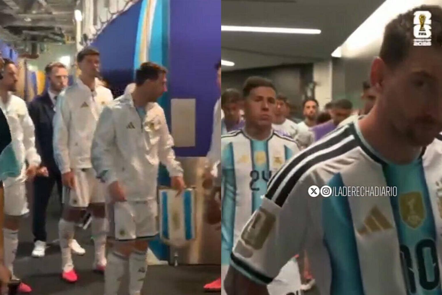 Lionel Messi giving a pep talk to his teammates in the tunnel