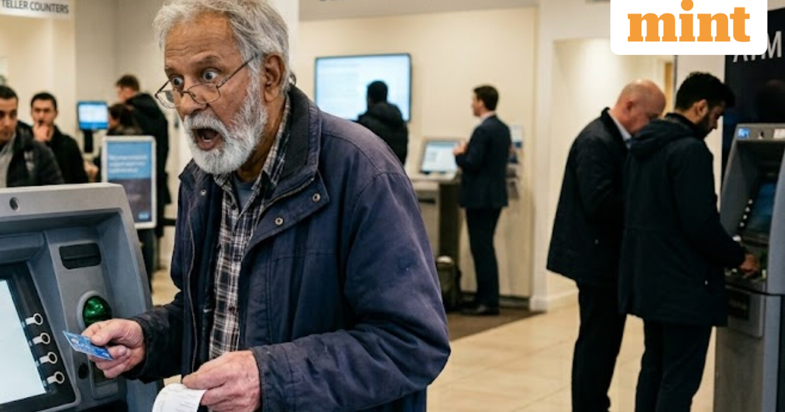 Old man looking at bank account statement in surprise