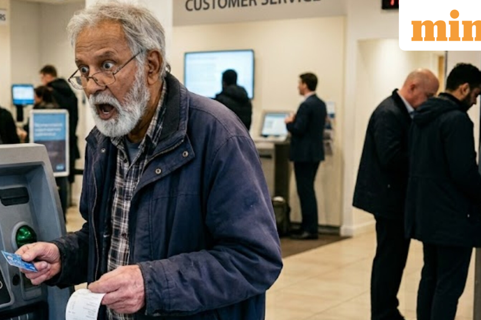 Old man looking at bank account statement in surprise