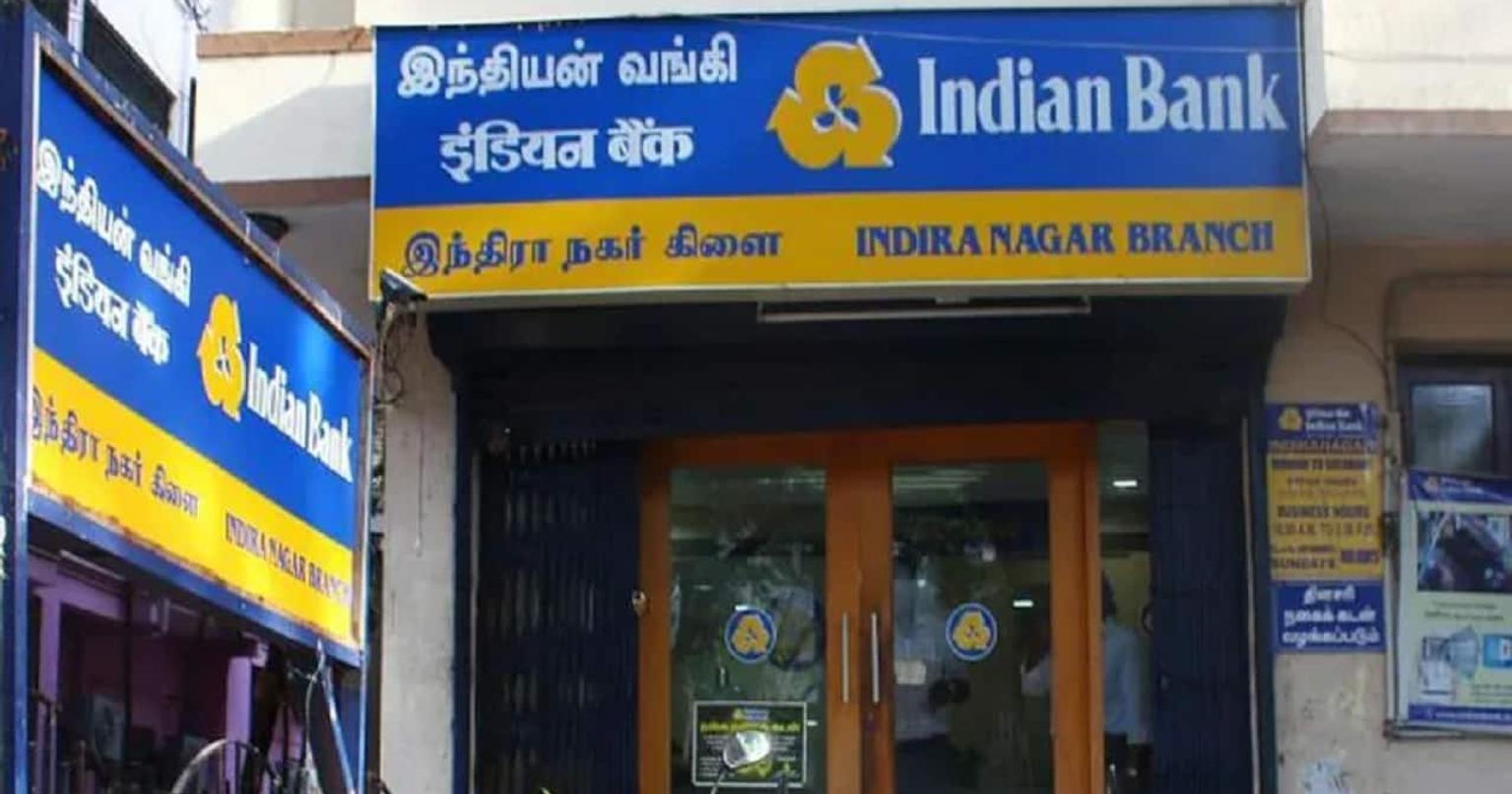 Indian Bank building with people walking outside