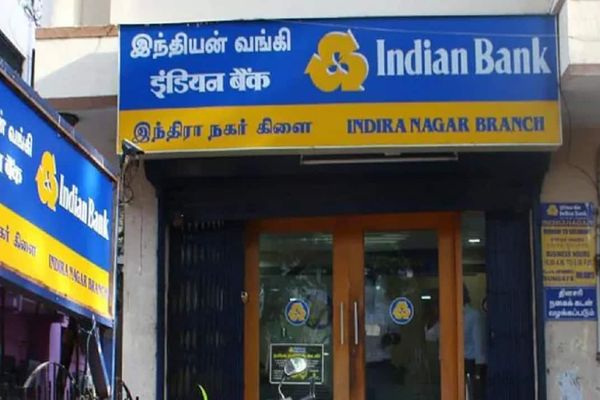 Indian Bank building with people walking outside