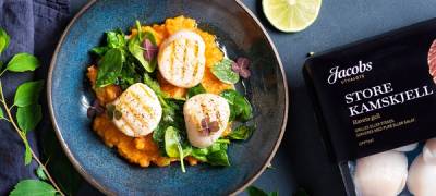 Kamskjell med gulrotpure i skål