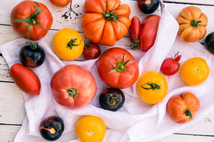 Mange forskjellige tomater på et bord