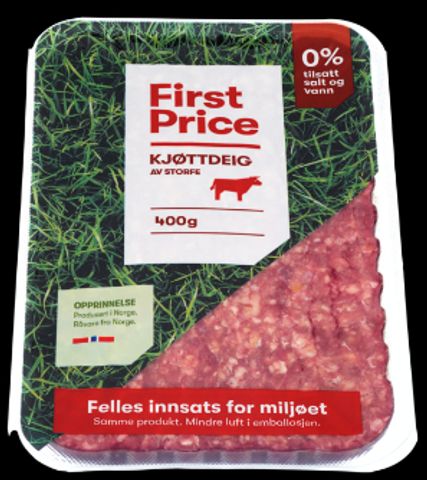 First Price Kjøttdeig- Skål til vakuumpakket og tynnere plast. Plastreduksjon på ca. 72 tonn/år. First Price Kjøttdeig- Skål til vakuumpakket og tynnere plast. Plastreduksjon på ca. 72 tonn/år.