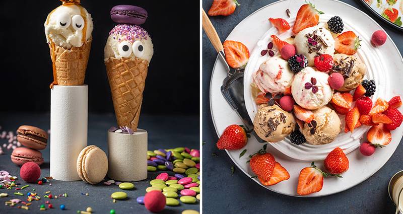 Dessertskål med pavlova og flere typer iskrem fra Jacobs Utvalgte