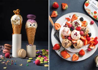 Dessertskål med pavlova og flere typer iskrem fra Jacobs Utvalgte