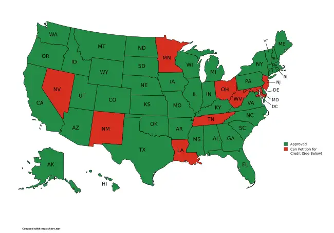 Map of states that accept Brookbush Institute continuing education courses for physical therapists and physical therapy assistants.