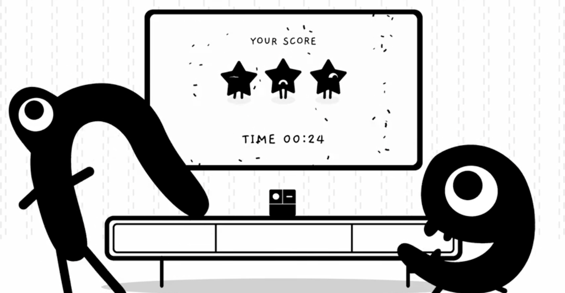 Image of Mingle characters standing in front of a TV celebrating 3 stars