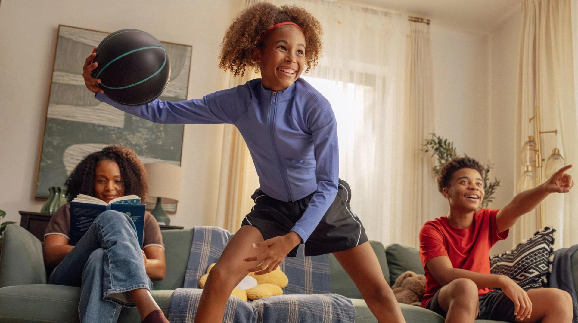 Young girl is smiling playing with Nex Quiet Basketball. Next to her, a young boy is smiling and pointing at the TV. Behind them, their mom reads a book peacefully on the couch. 