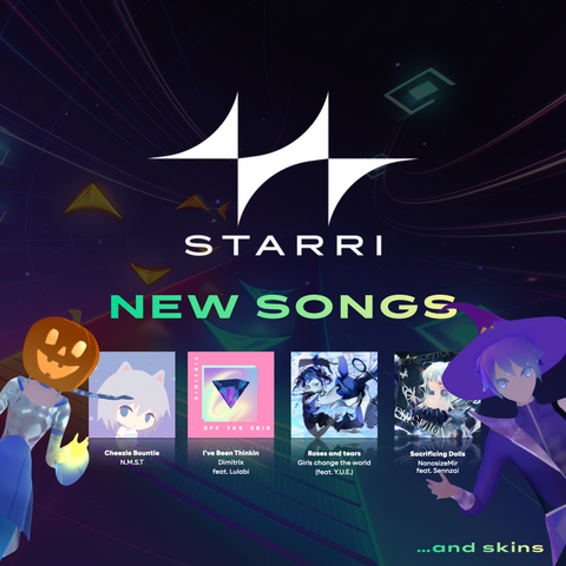 Title card for the Starri Halloween update on Nex Playground featuring four new song covers and digital avatars wearing a pumpkin head and a witch hat.
