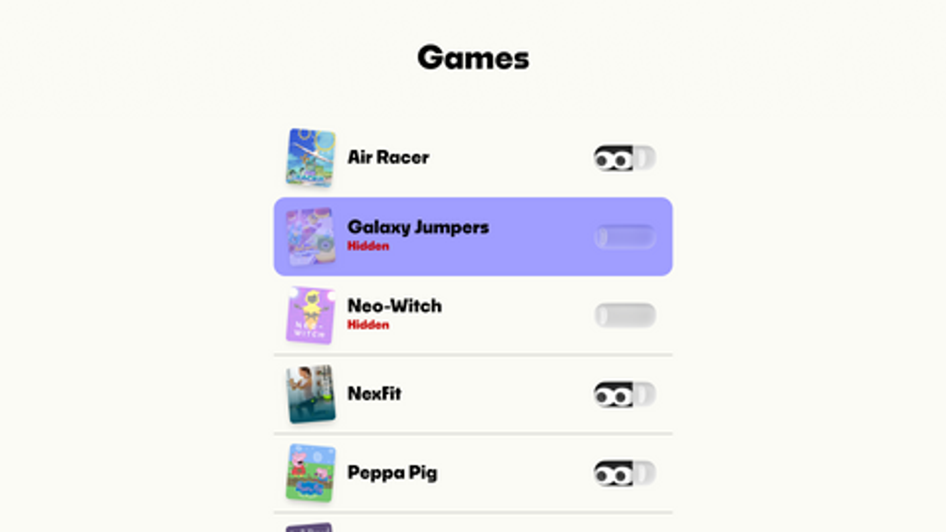 The customized games list dashboard screen on Nex Playground displaying active and hidden toggle preferences for titles like Galaxy Jumpers and Neo-Witch.