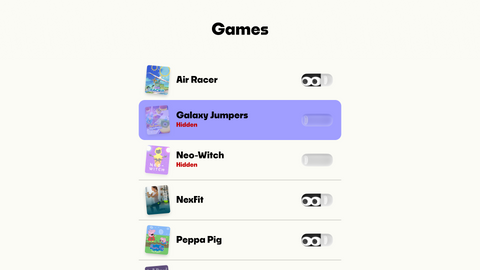 The customized games list dashboard screen on Nex Playground displaying active and hidden toggle preferences for titles like Galaxy Jumpers and Neo-Witch.