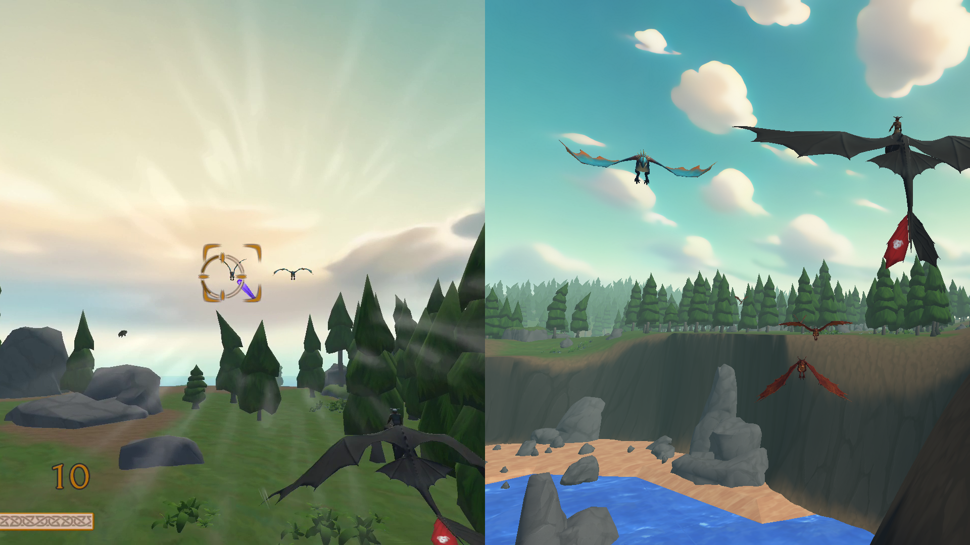 Split screen of targeting enemy dragons in the How to Train Your Dragon Nex Playground game.