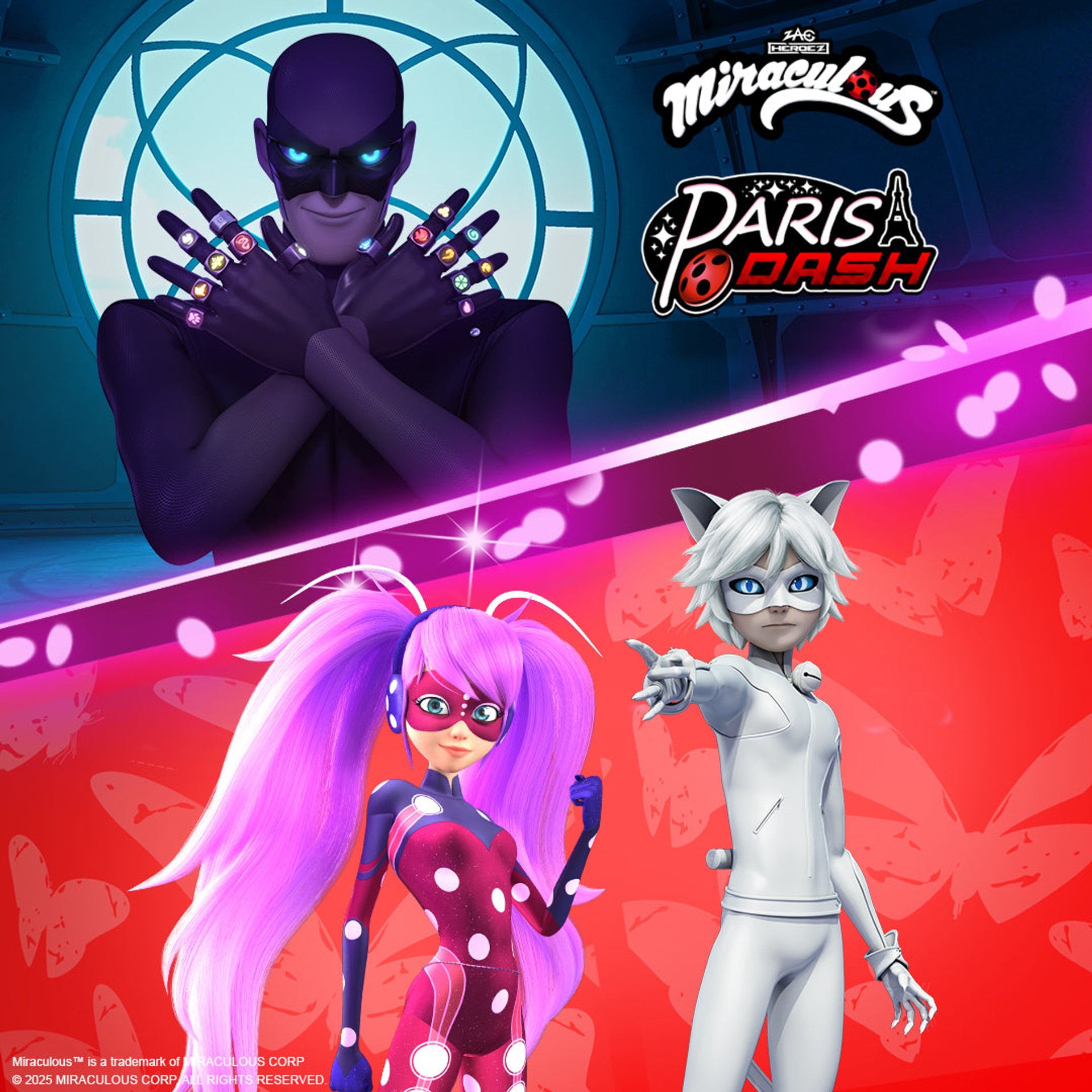 Monarch, Ladybiquity, and Celesticat in the Miraculous Ladybug Paris Dash update on Nex Playground.