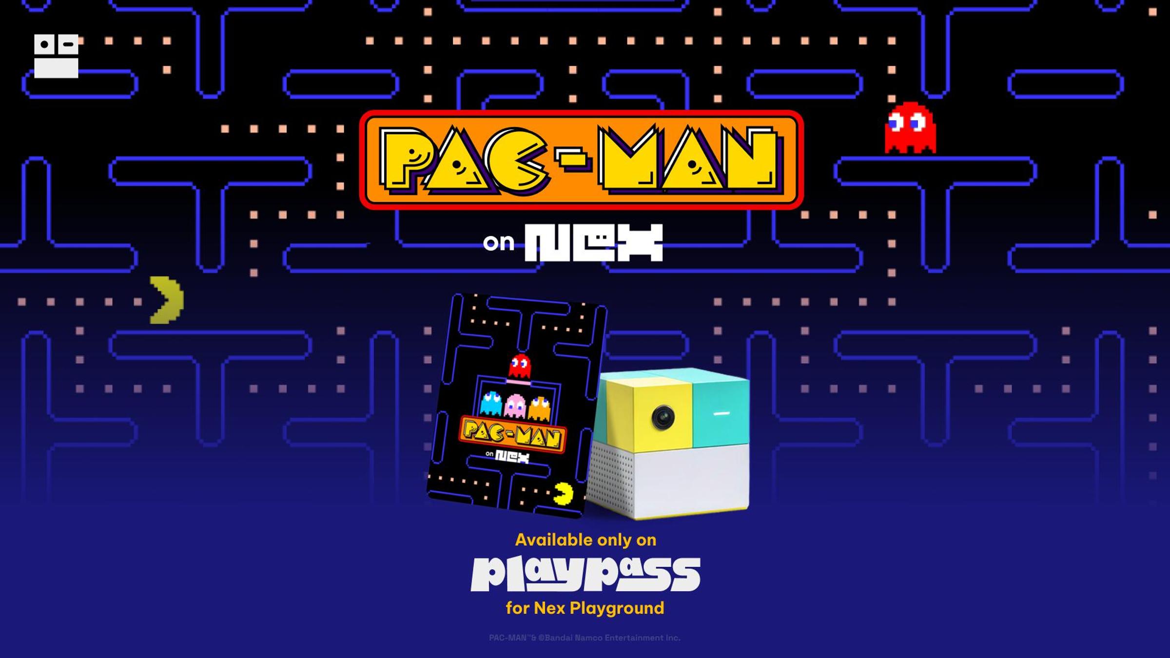 PAC-MAN on Nex logo with Nex Playground console in front and maze in background