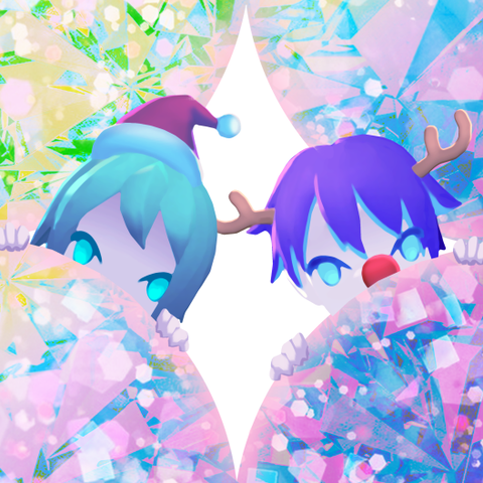 Starri Starry Christmas album art for the music game on Nex Playground, featuring two avatars wearing a Santa hat and reindeer antlers peeking over a colorful diamond crystal pattern.