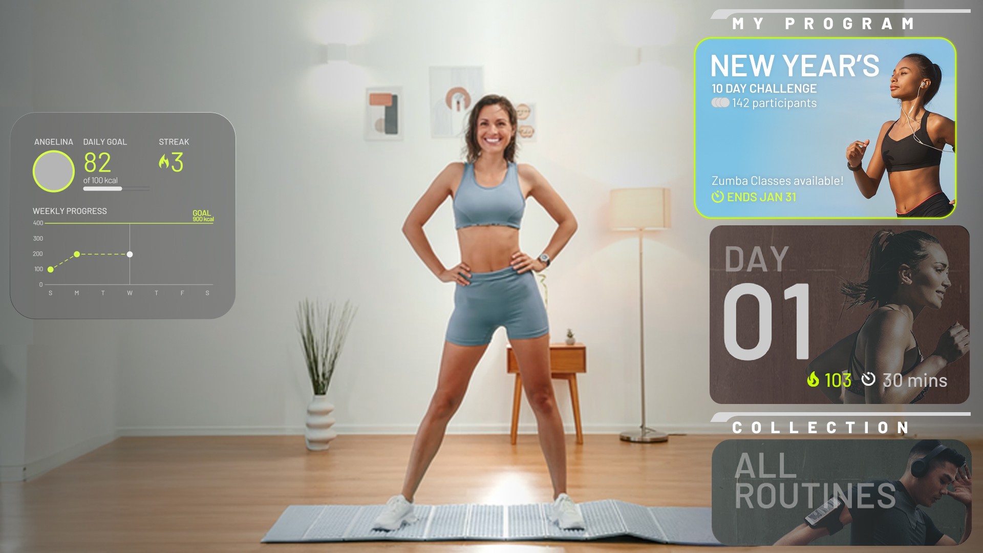NexGym fitness challenge interface showing the New Year's 10-day workout program.