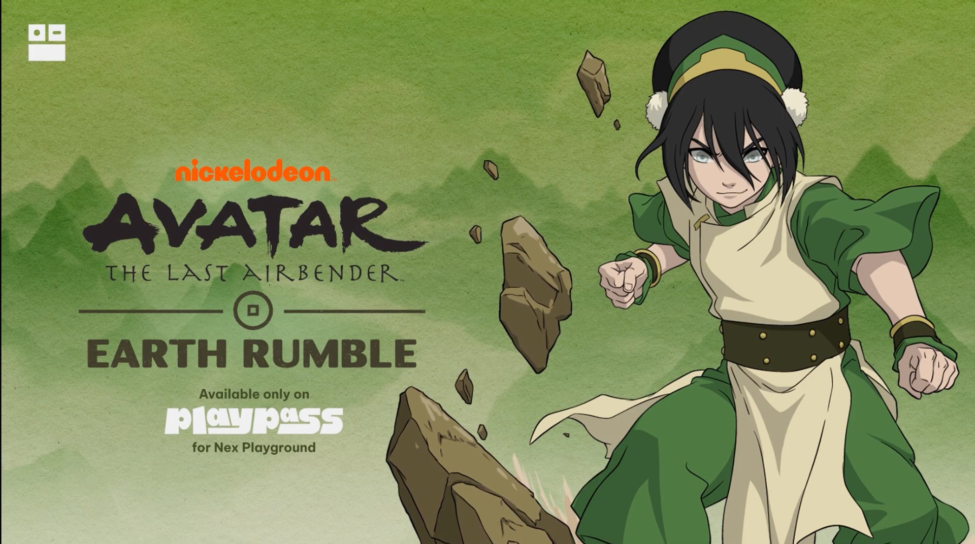 Image of Toph with text "Avatar the Last Airbender Earth Rumble, available only on Play Pass for Nex Playground"