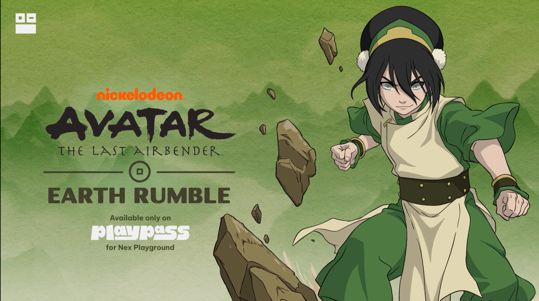 Image of Toph with text "Avatar the Last Airbender Earth Rumble, available only on Play Pass for Nex Playground"