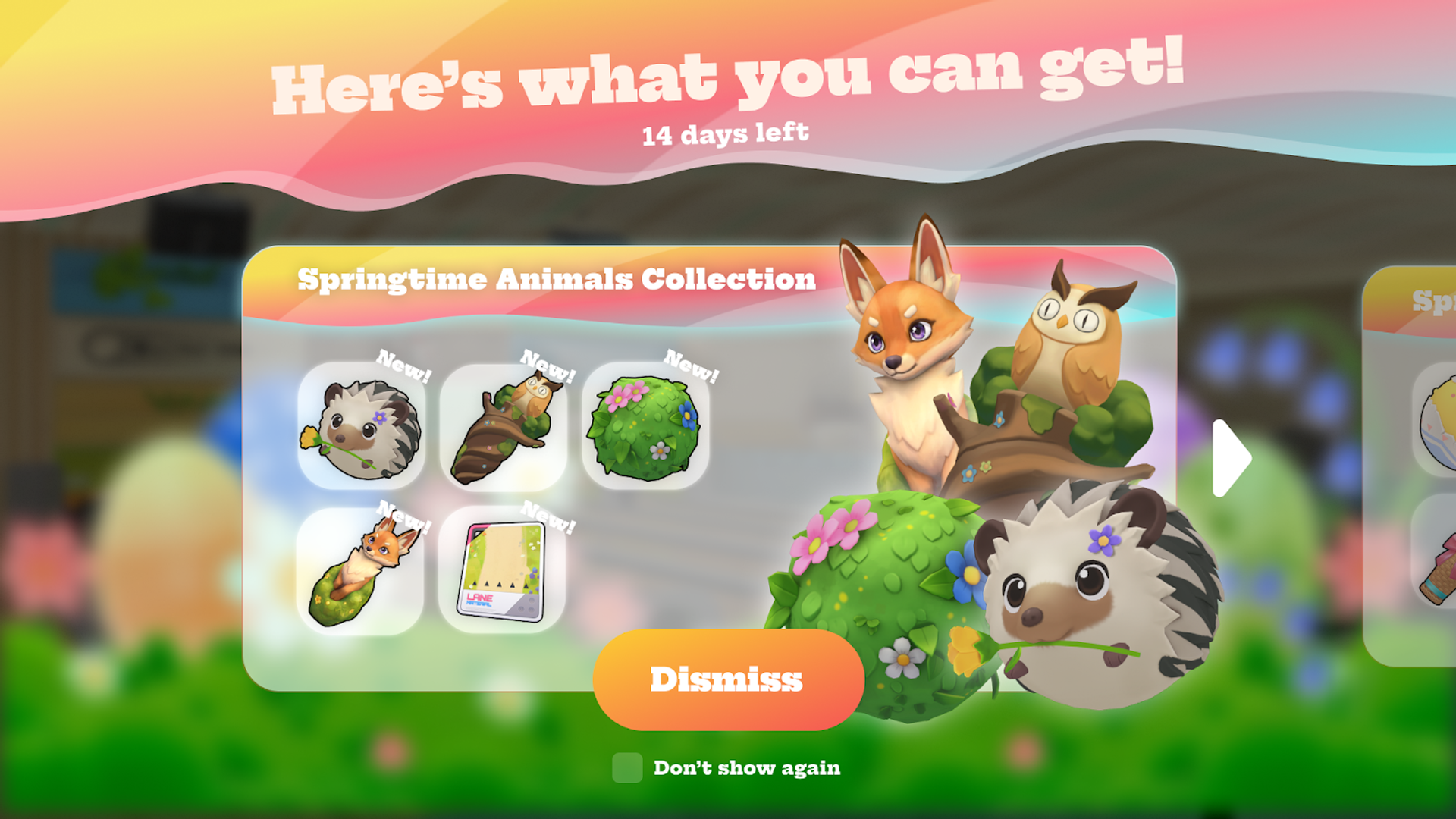 Bowling Strike! Springtime Animals Collection in-game menu showing a fox, owl, and hedgehog.
