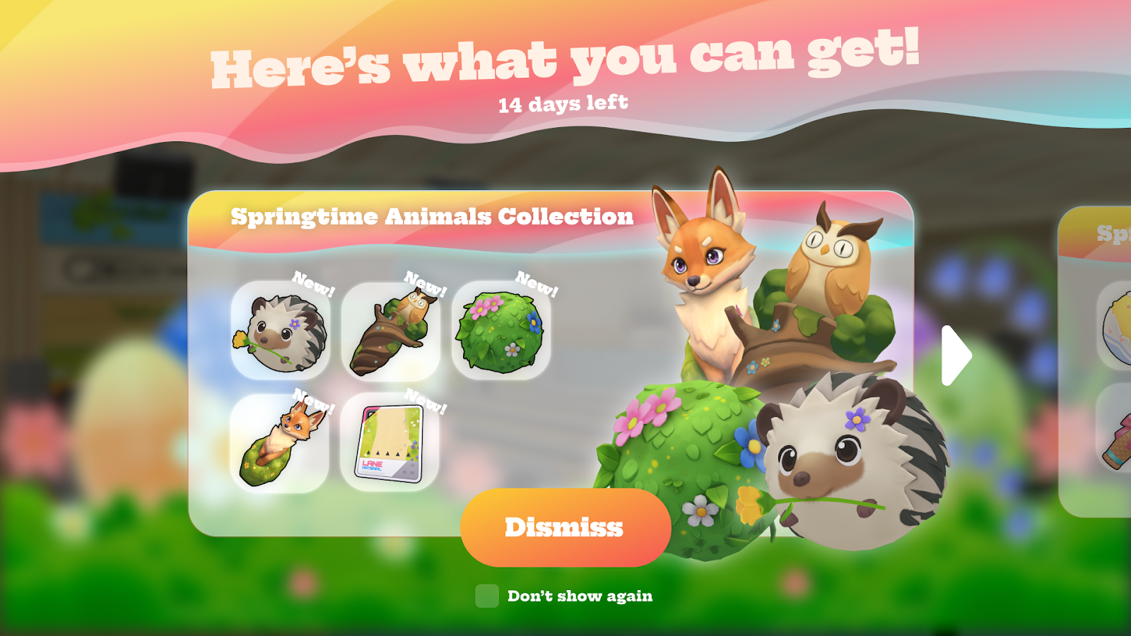 Bowling Strike! Springtime Animals Collection in-game menu showing a fox, owl, and hedgehog.