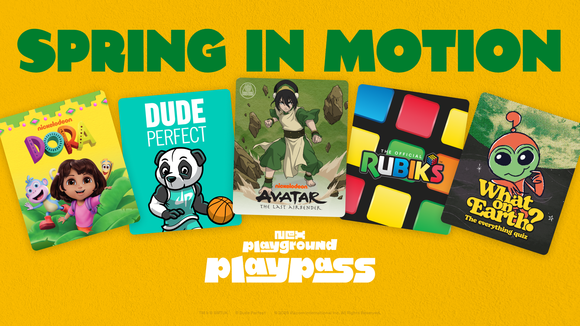 Green text "Spring in Motion" on yellow background with game tiles for upcoming new releases on Nex Playground, including Avatar: The Last Airbender, Dora, Dude Perfect, Rubik's Cube, and a new trivia game "What on Earth?" all coming this Spring to Play Pass.