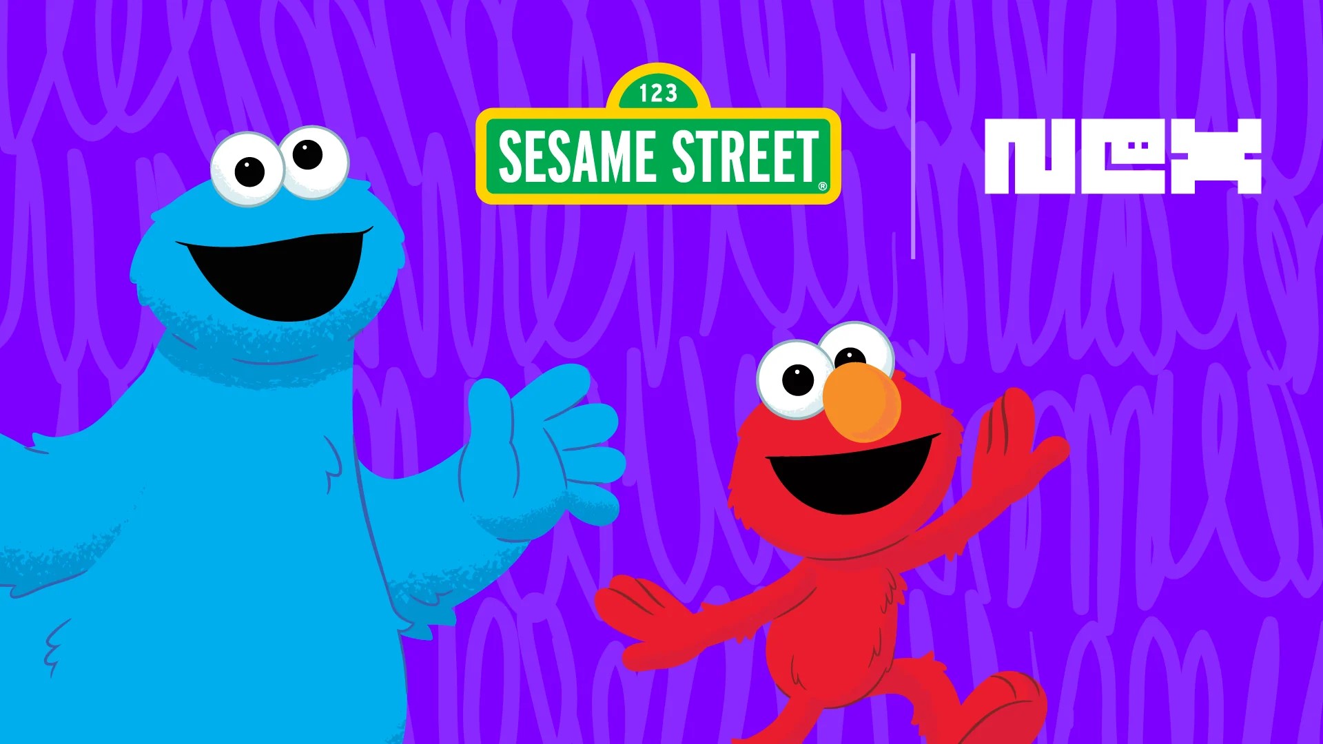 Promotional partnership graphic featuring Cookie Monster and Elmo next to the Sesame Street and Nex logos on a bright purple background to announce new educational games for Nex Playground.