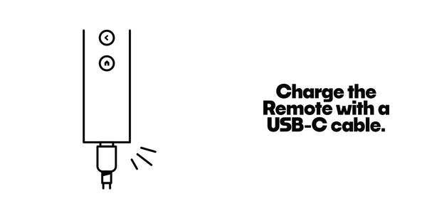 Instructional graphic showing how to charge the Nex Playground remote using a USB-C cable.