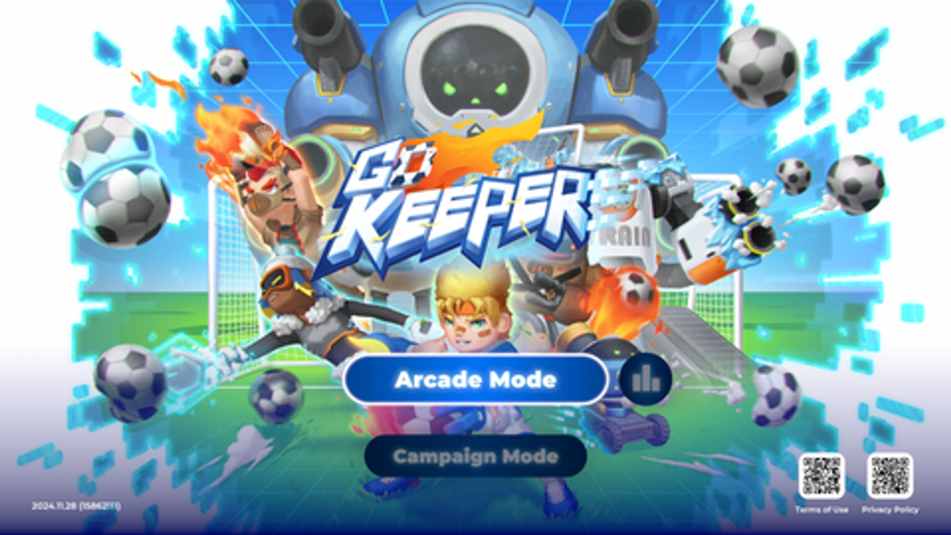 Menu screen for the Go Keeper sports game on Nex Playground, highlighting the selected Arcade Mode button in front of cartoon soccer goalies defending against multiple flying soccer balls.