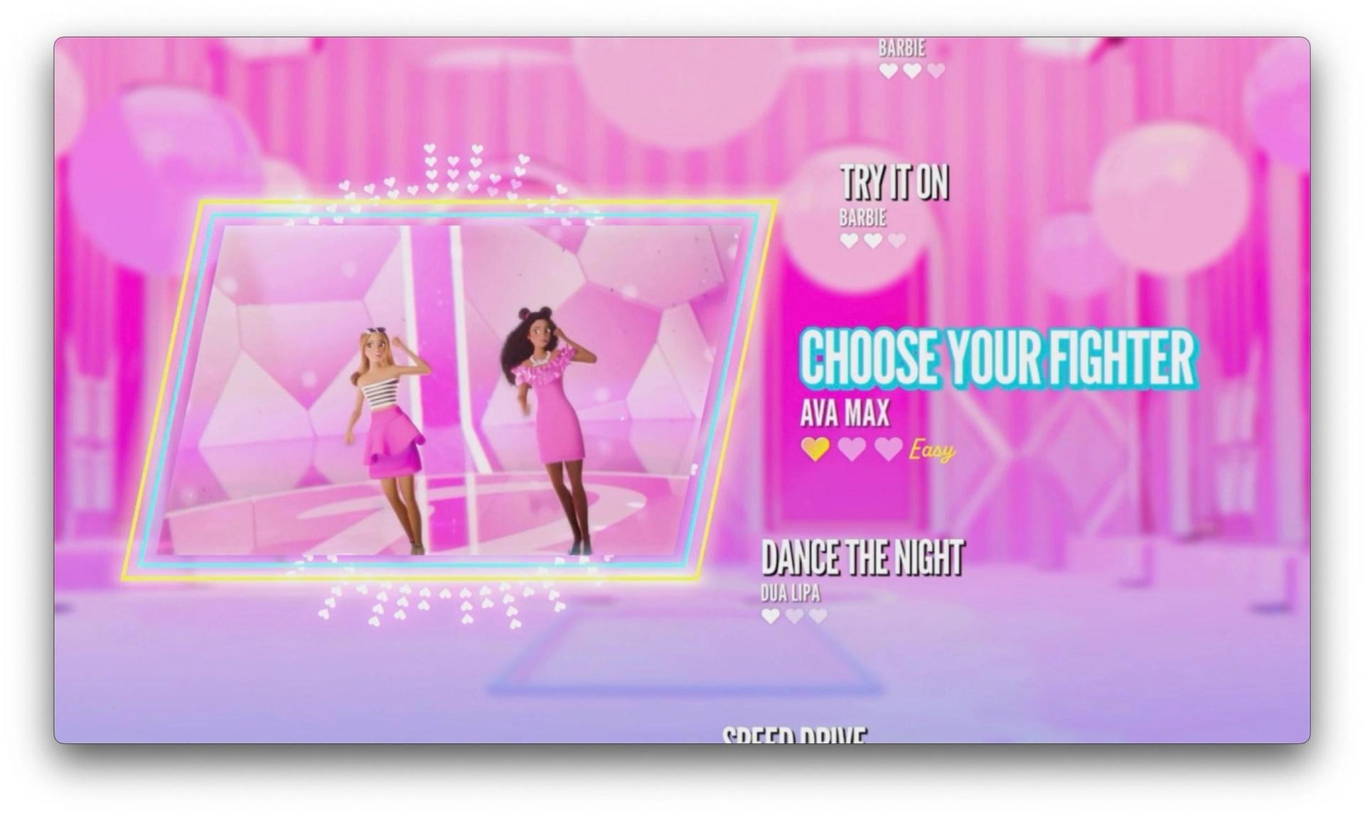 screenshot of Barbie Dance Party song selection screen with new games featured.